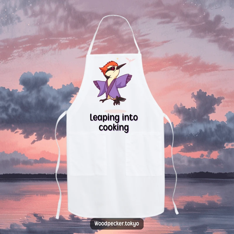 Funny Purple Kimono Woodpecker Leaping with enthusiasm, functional apron. This humorous kitchen accessory is ideal for active cooks.