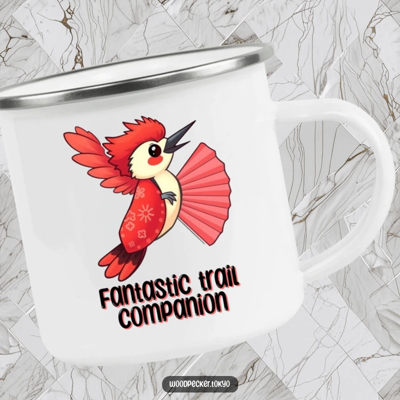 Funny Red Kimono Woodpecker Balancing on a Fan, sturdy camping mug. This humorous enamel mug is built for adventure.