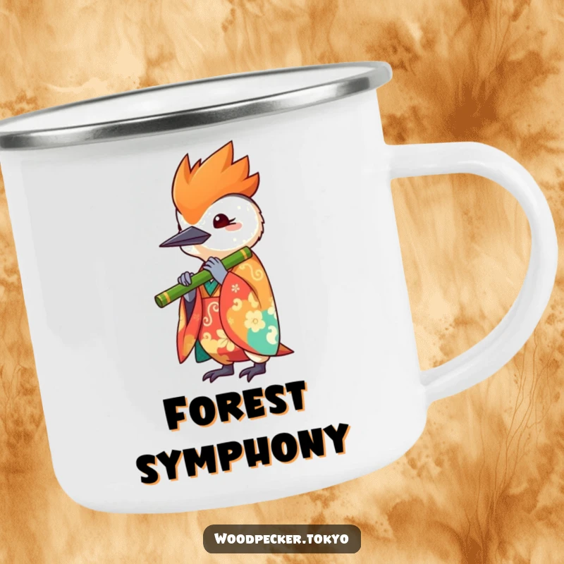 Funny enamel camping mug featuring a kawaii woodpecker in a vibrant kimono playing a bamboo flute, perfect for outdoor enthusiasts and musical souls.