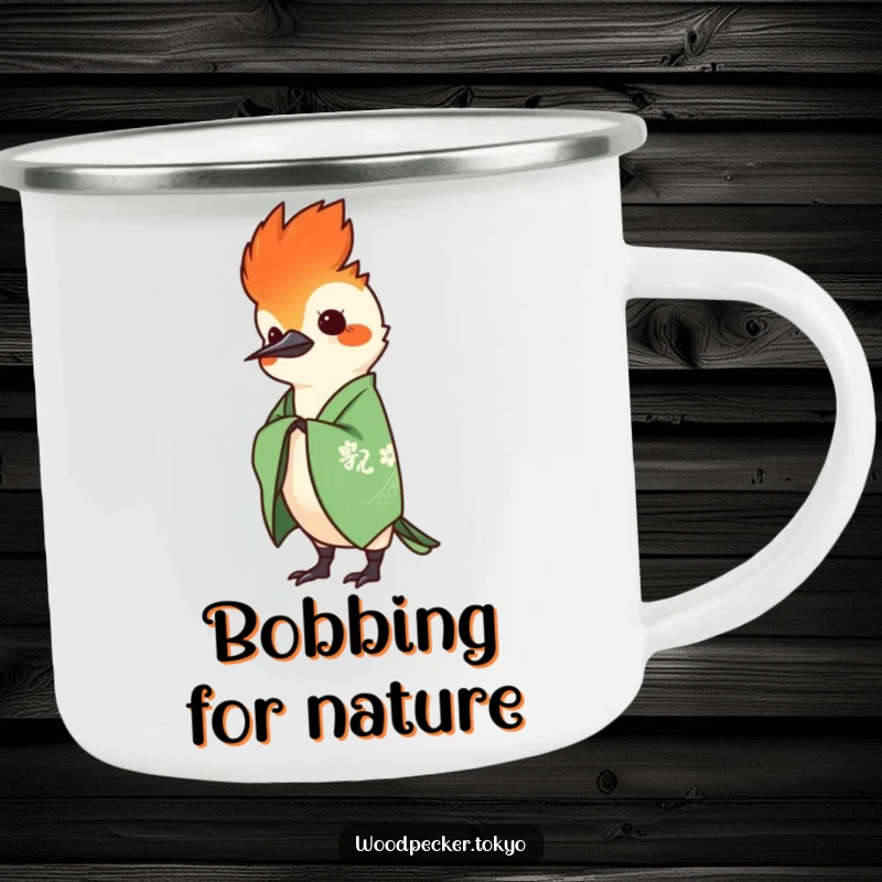 Funny Green Kimono Woodpecker Head Bobbing with charm, sturdy camping mug. This humorous enamel mug is perfect for the wilderness.