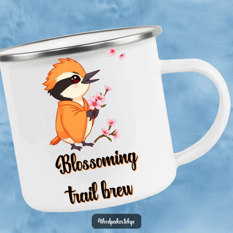 Funny Orange Kimono Woodpecker Holding a Cherry Blossom gently, sturdy camping mug. This humorous enamel mug brings spring to the outdoors.