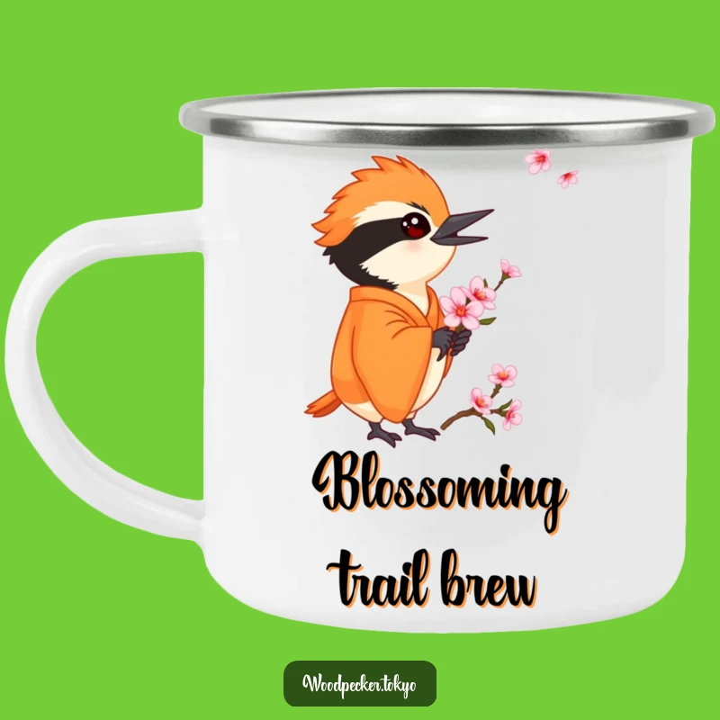 Funny Orange Kimono Woodpecker Cherry Blossom Camping Mug: Nature's Brew with Humor