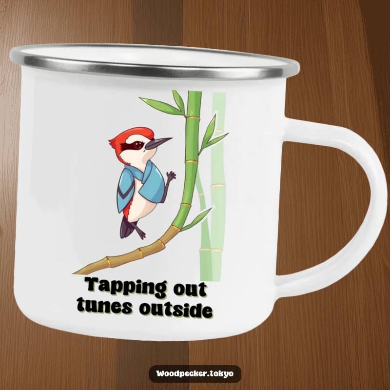 Funny Woodpecker Kimono Camping Mug: A sturdy enamel mug featuring a woodpecker in a kimono tapping bamboo, perfect for outdoor zen humor.