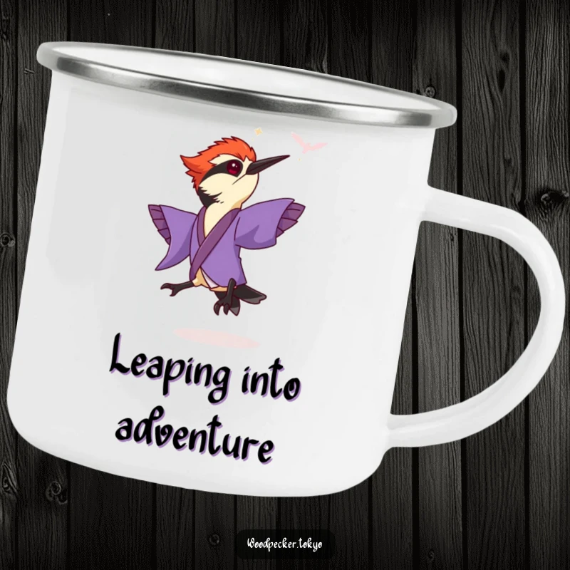 Funny Purple Kimono Woodpecker Leaping energetically, rugged camping mug. This humorous enamel mug is ready for any trail.