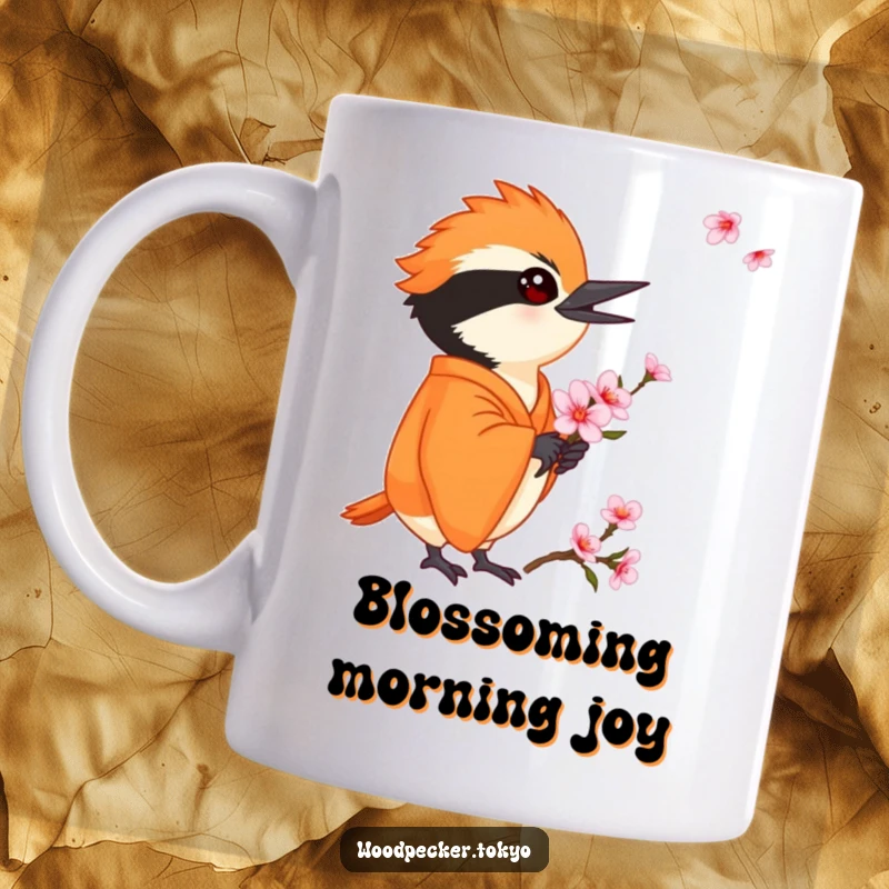 Funny Orange Kimono Woodpecker Holding a Tiny Cherry Blossom, looking gentle. This humorous mug design is full of sweetness.