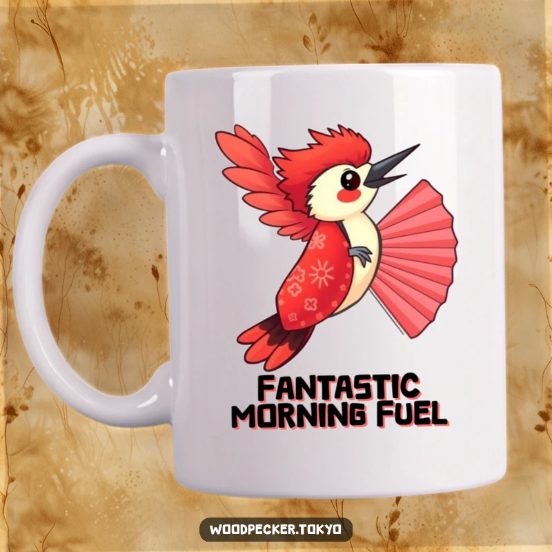 Funny Red Kimono Woodpecker Balancing on a Fan, looking playful and elegant. This humorous design captures a whimsical moment.