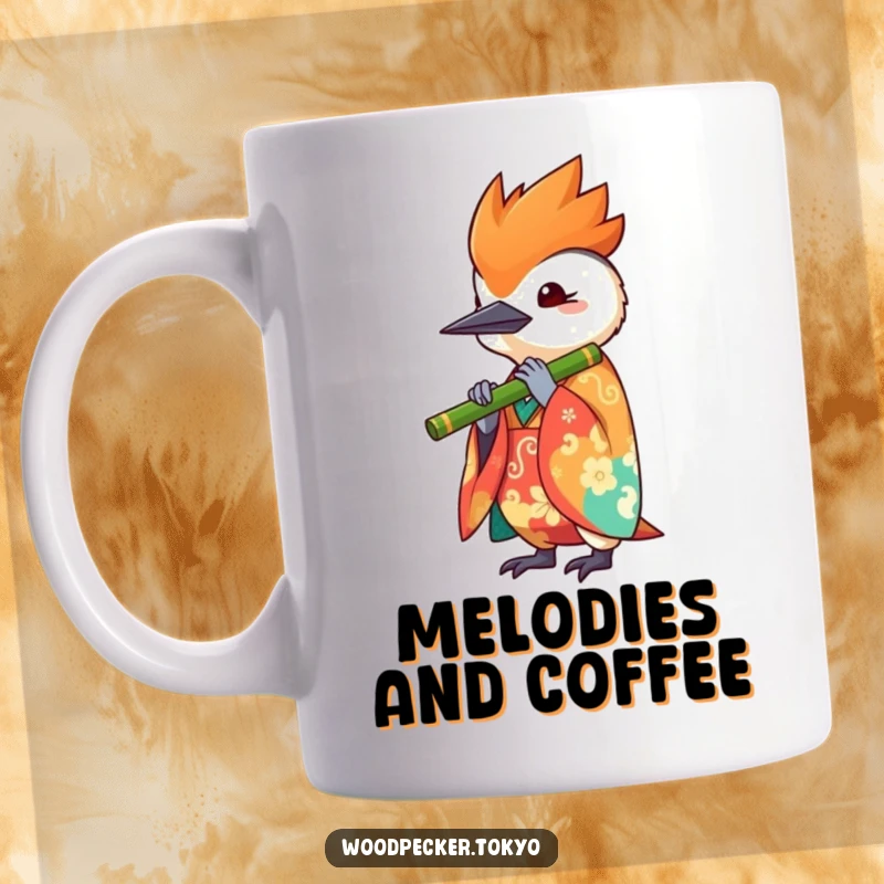 Funny mug featuring a kawaii woodpecker dressed in a vibrant kimono, playing a bamboo flute with musical notes floating around.