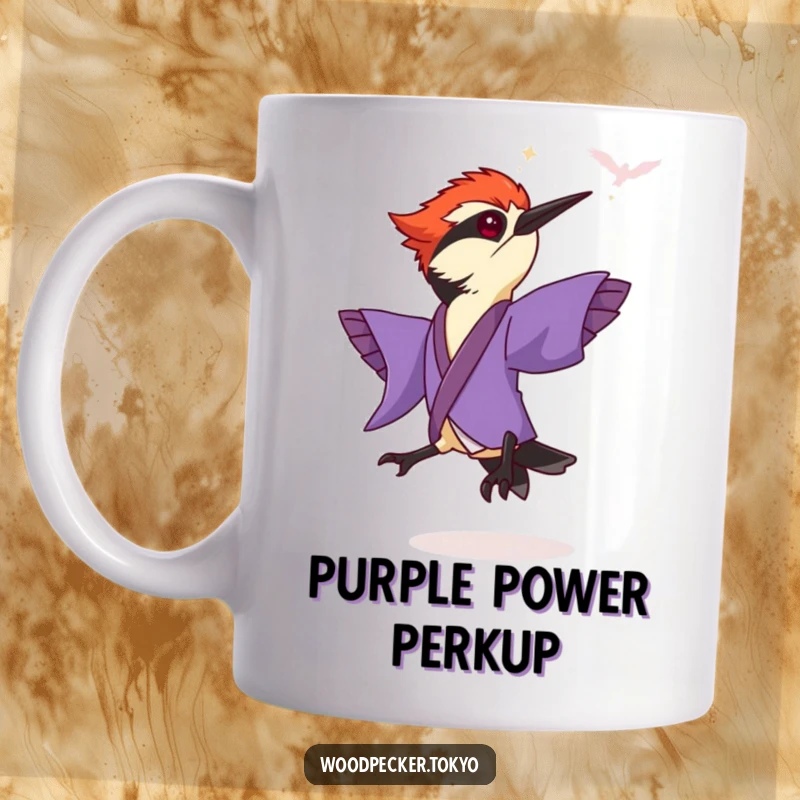 Funny Purple Kimono Woodpecker Leaping Joyfully, sleeves flapping in the air. This humorous mug design is full of energy.
