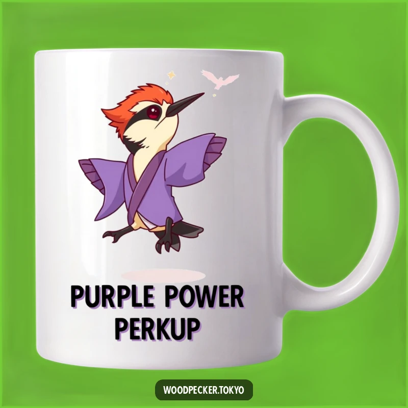 Funny Purple Kimono Woodpecker Leaping Mug: Hilarious Gift for Bird Enthusiasts