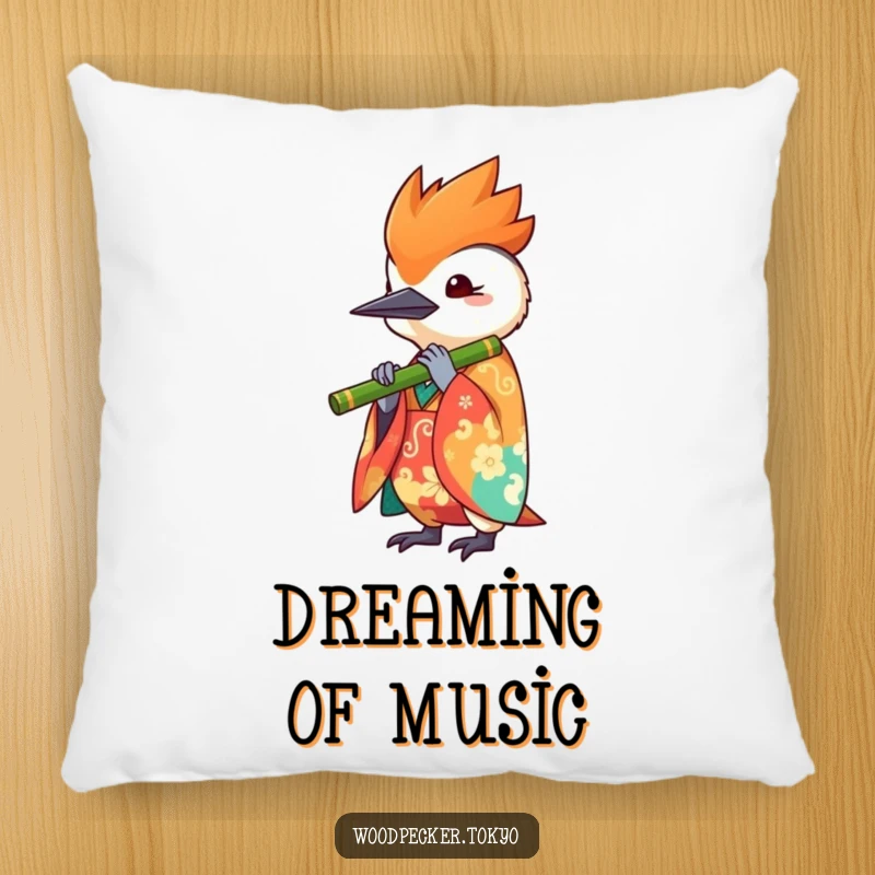 Funny decorative pillow featuring a kawaii woodpecker in a vibrant kimono playing a bamboo flute, perfect for adding a touch of artistic comfort.