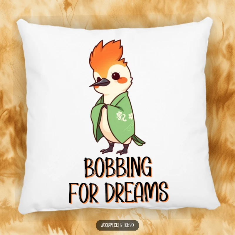 Funny Green Kimono Woodpecker Head Bobbing softly, plush pillow design. This humorous home accent adds comfort and character.
