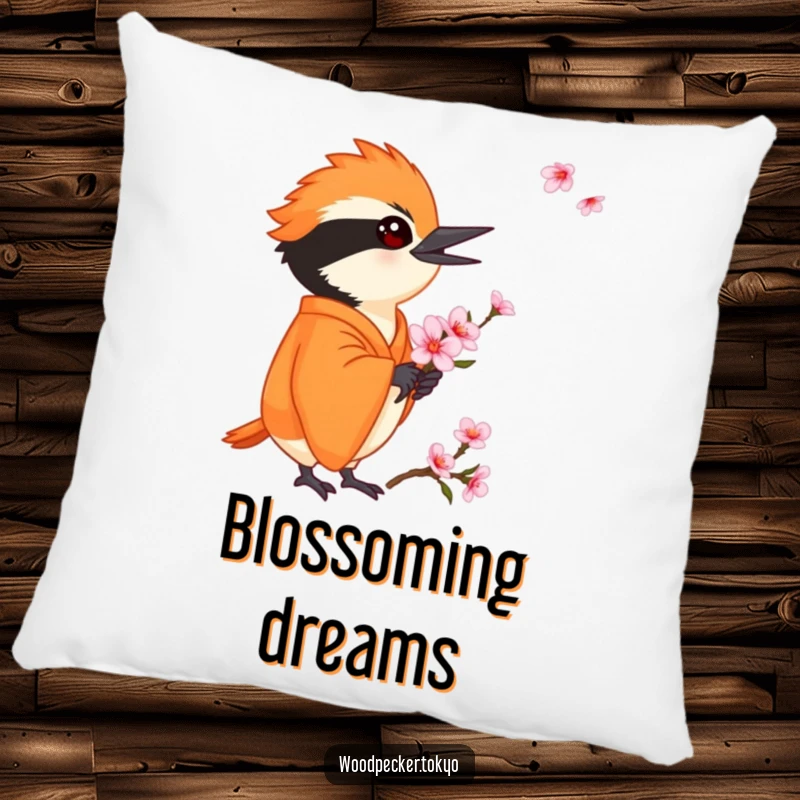 Funny Orange Kimono Woodpecker Holding a Cherry Blossom softly, plush pillow design. This humorous home accent adds comfort.