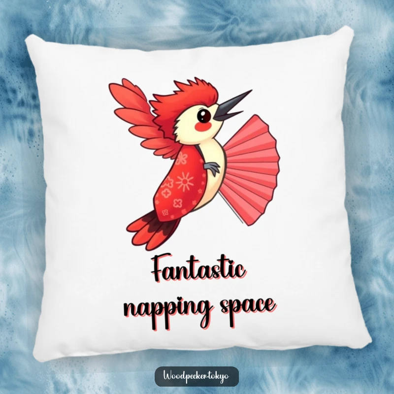 Funny Red Kimono Woodpecker Balancing on a Fan, soft pillow design. This humorous home accent adds warmth and laughter.