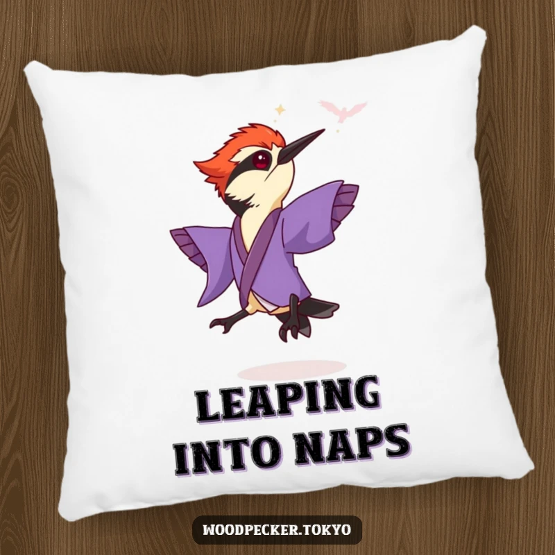 Funny Purple Kimono Woodpecker Leaping with flair, soft pillow design. This humorous home accessory is perfect for cuddling.