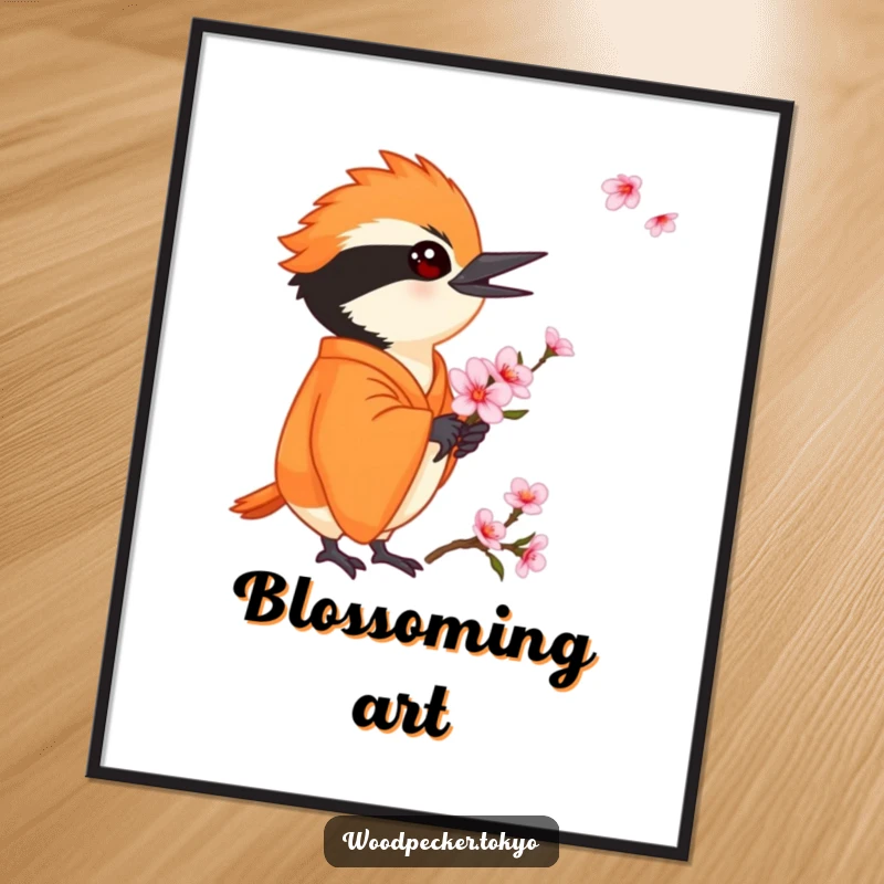 Funny Orange Kimono Woodpecker Holding a Cherry Blossom delicately, high-resolution digital art. This humorous print brings nature's charm.
