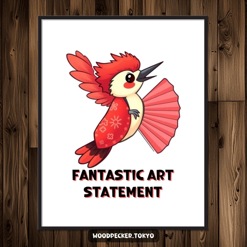 Funny Red Kimono Woodpecker Balancing on a Fan, high-resolution digital art. This humorous print brings joy and whimsy.