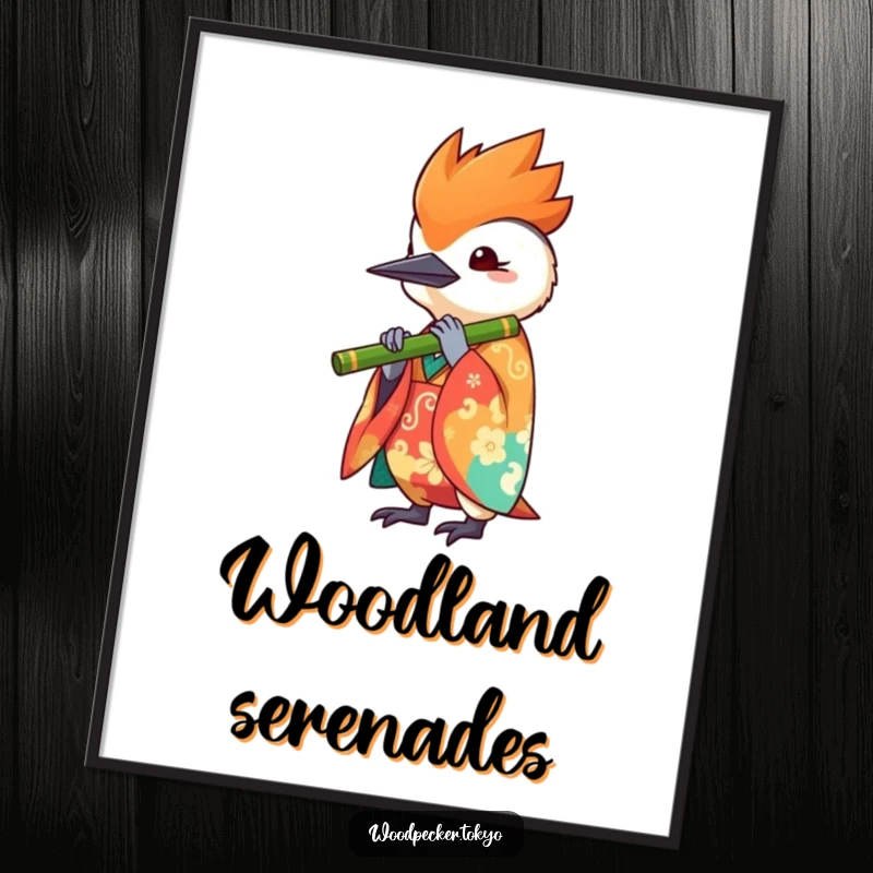 Funny digital art print of a kawaii woodpecker in a vibrant kimono playing a bamboo flute, perfect for printable wall decor and music-themed spaces.