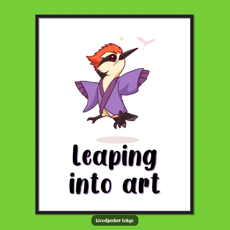 Funny Purple Kimono Woodpecker Leaping Digital Art: Instant Dynamic Wall Decor
