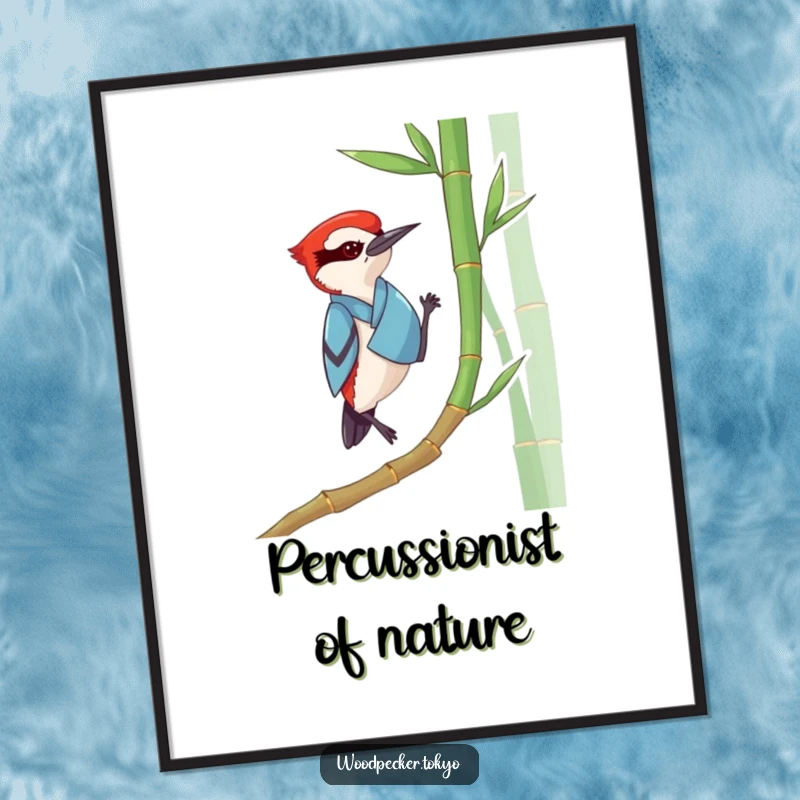 Funny Woodpecker Kimono Digital Art Print: A high-quality, printable image of a woodpecker in a kimono tapping bamboo, full of zen humor.