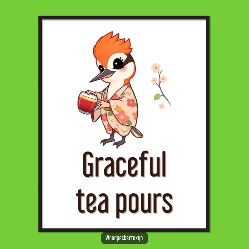 Funny Woodpecker Tea Pouring - Digital Art Print for Elegant Decor