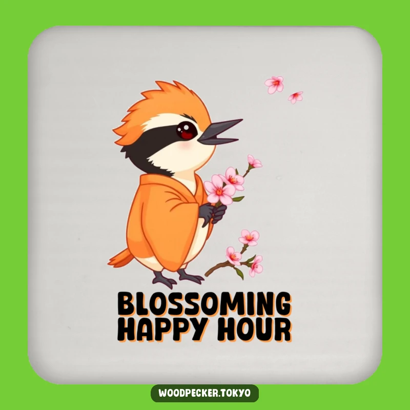 Funny Orange Kimono Woodpecker Cherry Blossom Coaster: Protect Surfaces with Spring Charm