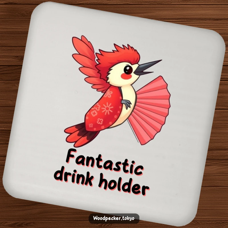 Funny Red Kimono Woodpecker Balancing on a Fan, protective drink coaster. This humorous home accessory adds personality.