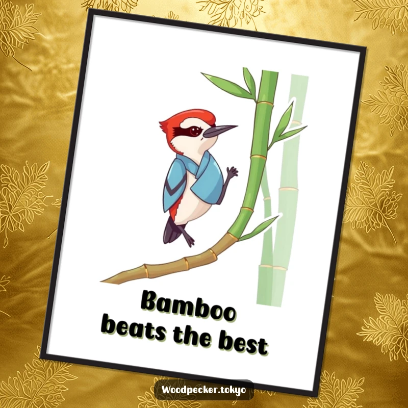 Funny Woodpecker Kimono Poster: A unique wall art print of a woodpecker in a kimono tapping bamboo, evoking peaceful rhythm and humor.
