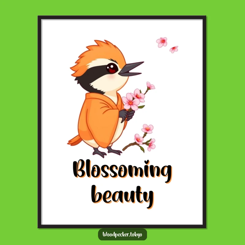 Funny Orange Kimono Woodpecker Cherry Blossom Poster: Delicate Wall Art for a Smile