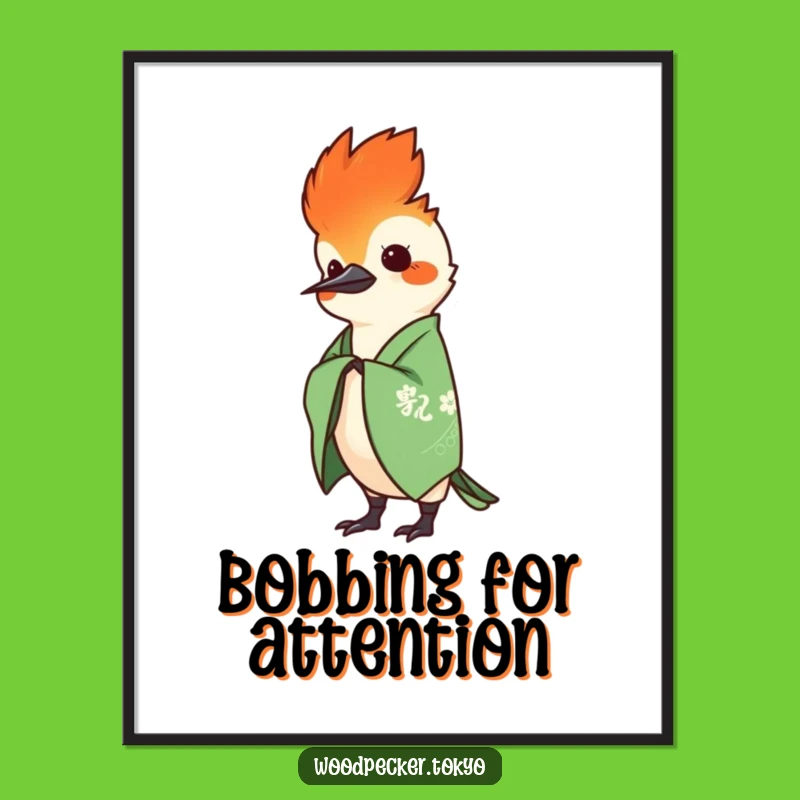 Funny Green Kimono Woodpecker Head Bob Poster: Charming Wall Art for Laughs