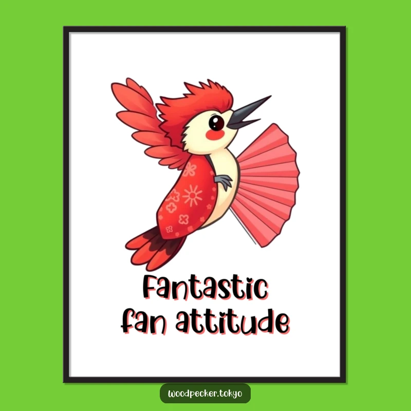 Funny Red Kimono Woodpecker Balancing Fan Poster: Whimsical Wall Art for a Laugh
