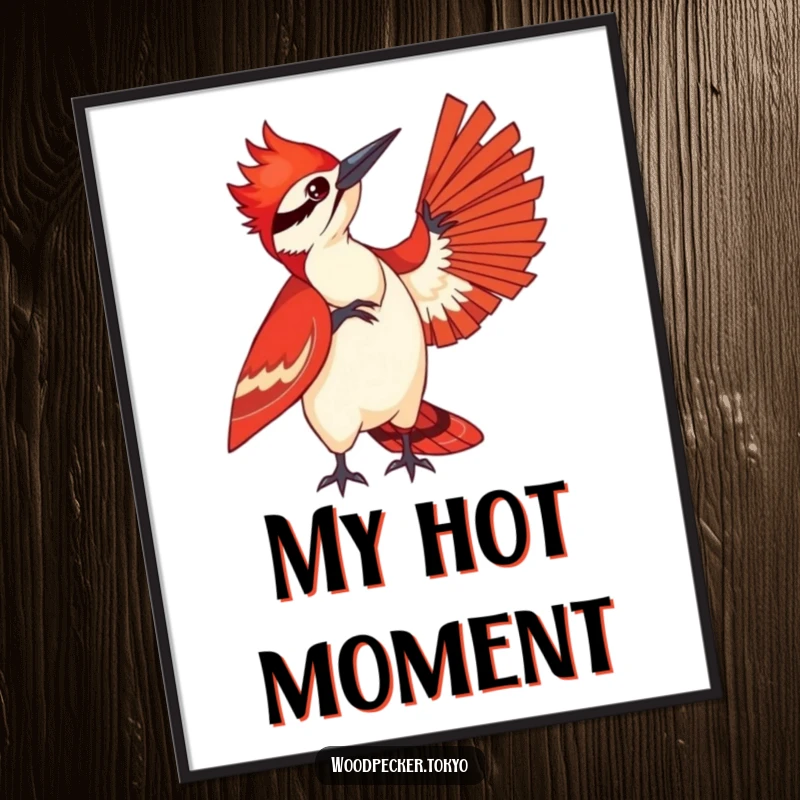 Funny poster print of a woodpecker in a striking red kimono playfully fanning itself, ideal for wall decor and adding a touch of chic humor.