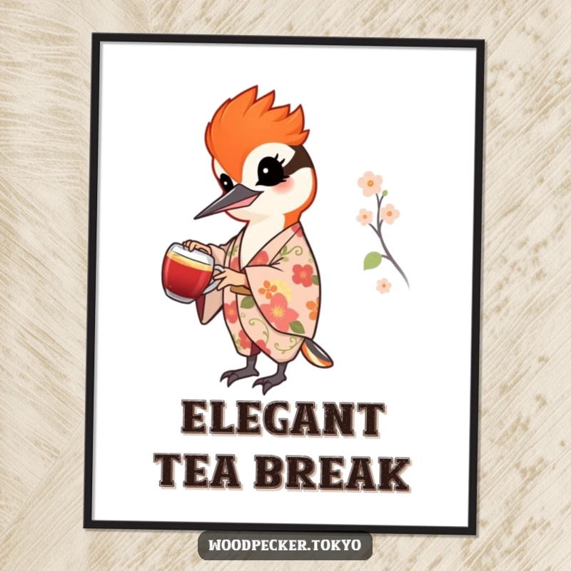 Funny poster print of a cheerful woodpecker in a floral kimono pouring tea, ideal for wall decor and creating a serene ambiance.