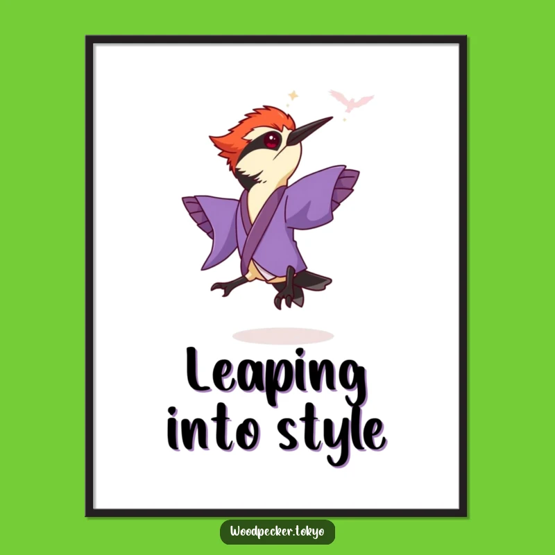 Funny Purple Kimono Woodpecker Leaping Poster: Dynamic Art for a Happy Home