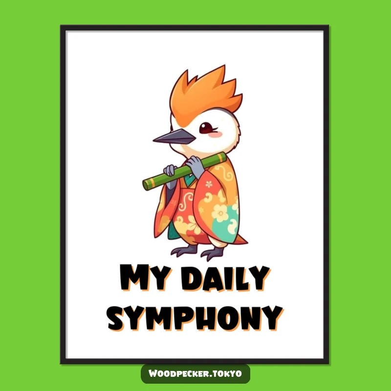 Funny Kawaii Woodpecker Flute Poster - Musical Kimono Bird Wall Art