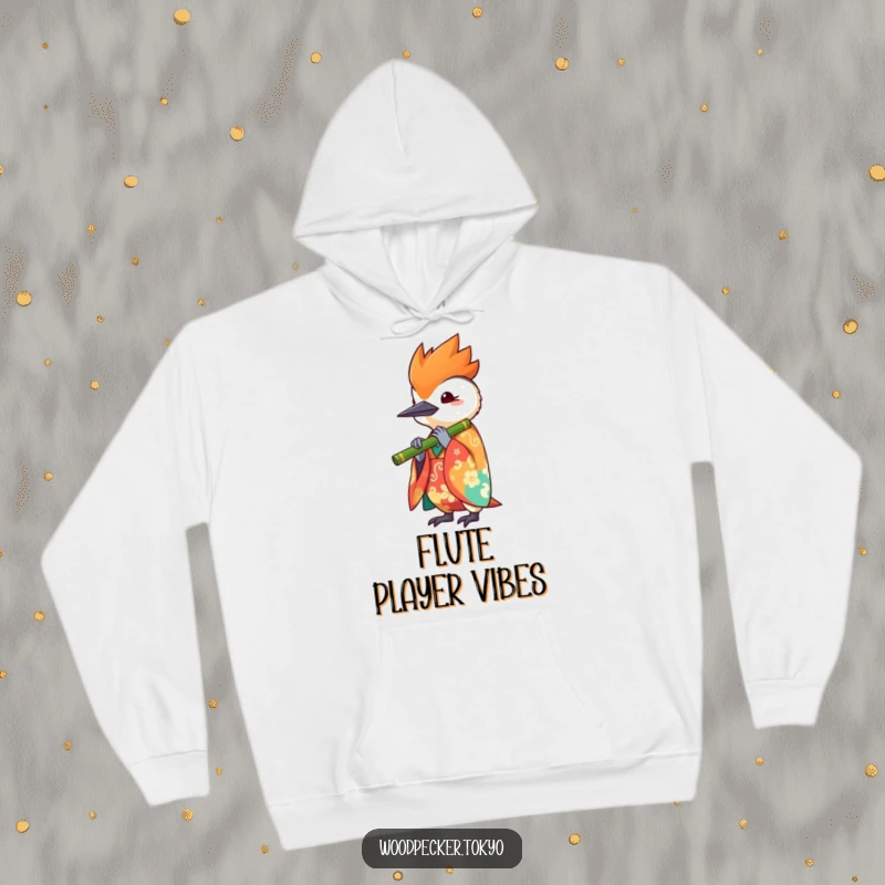 Funny hoodie featuring a kawaii woodpecker wearing a vibrant kimono and playing a bamboo flute, offering warmth and artistic flair.