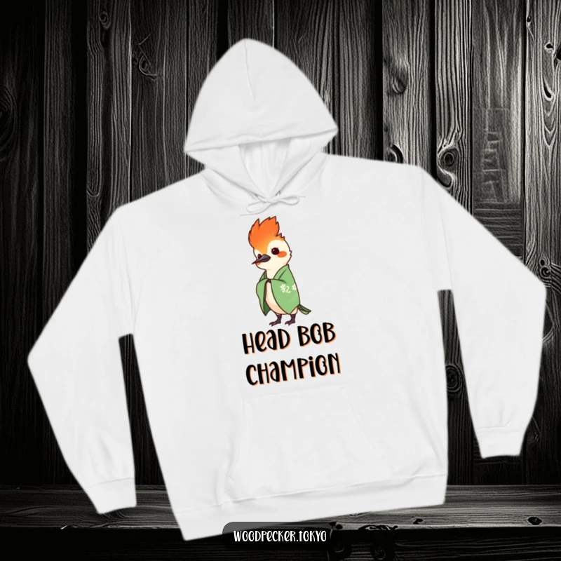 Funny Green Kimono Woodpecker Head Bobbing rhythmically, cozy hoodie. This humorous apparel offers warmth and style.
