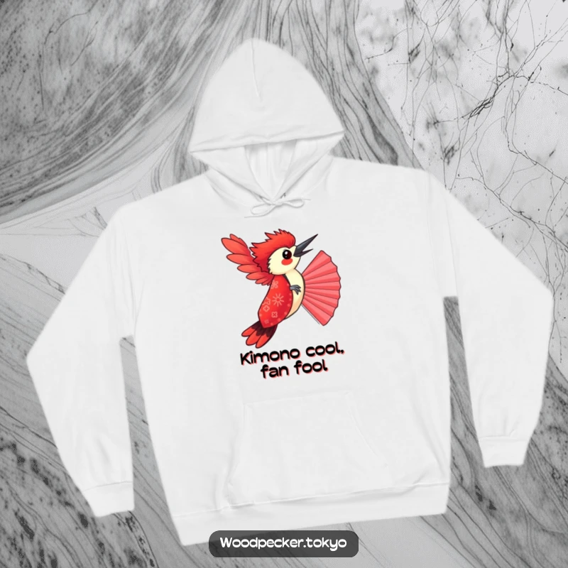 Funny Red Kimono Woodpecker Balancing on a Fan, cozy hoodie design. This humorous apparel is perfect for bird enthusiasts.