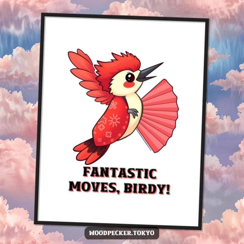 Funny Free Printable Wall Art: A woodpecker dressed in a red kimono humorously balancing on a fan.