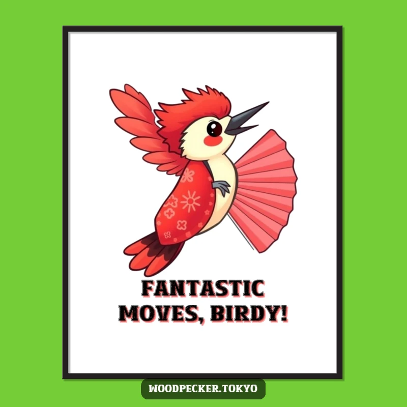 Free Printable Funny Woodpecker Wall Art: Red Kimono Fan Balance Whimsical Downloadable Decor