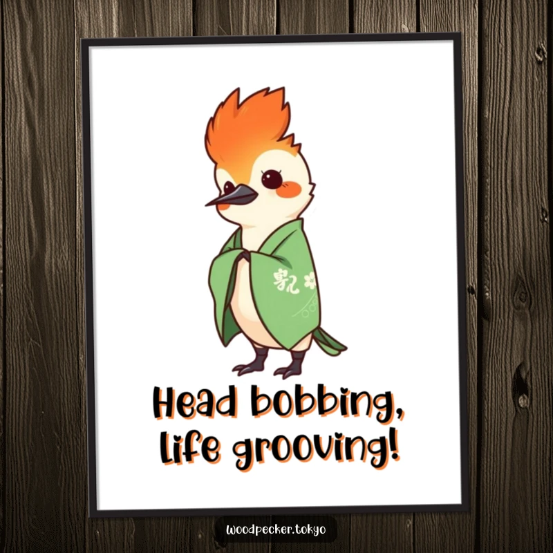 Funny Free Printable Wall Art: A woodpecker in a green kimono humorously performs a graceful head bob.