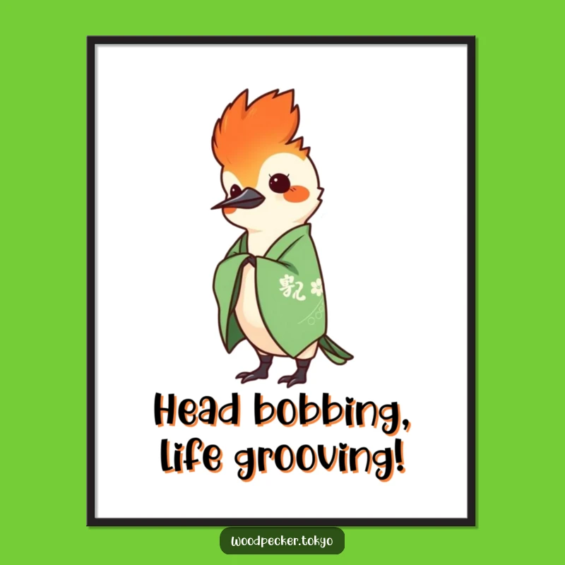 Free Printable Funny Woodpecker Wall Art: Green Kimono Head Bob Whimsical Downloadable Decor