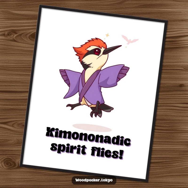 Funny Free Printable Wall Art: A woodpecker in a purple kimono humorously leaping with energetic sleeves.