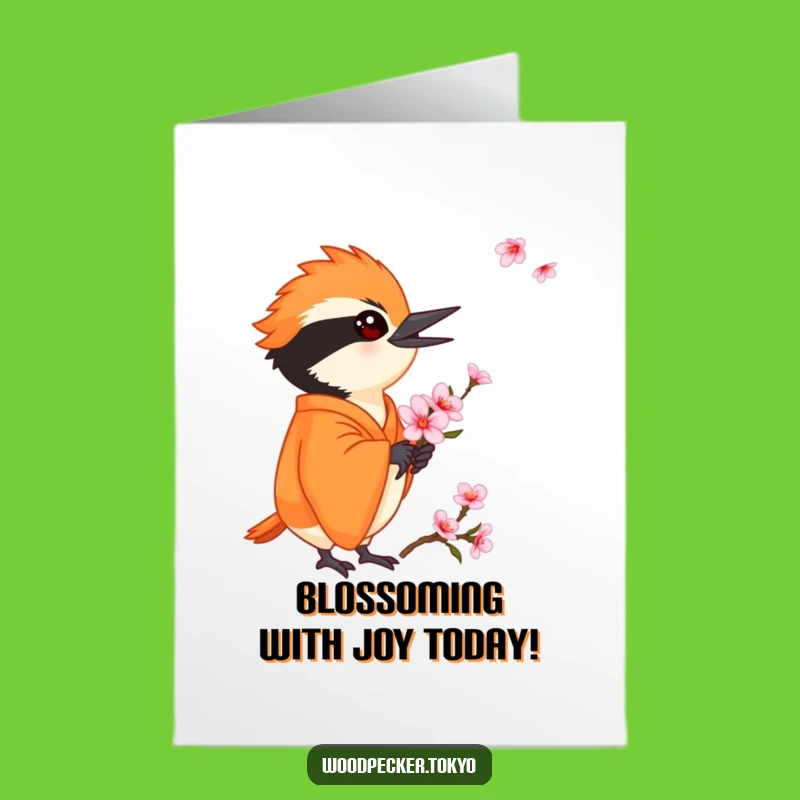 Free Printable Funny Woodpecker Birthday Card: Orange Kimono Blossom Joyful Downloadable