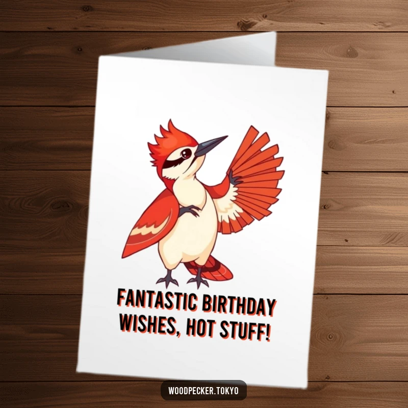 Funny Free Printable Birthday Card featuring a woodpecker in a striking red kimono playfully fanning itself.