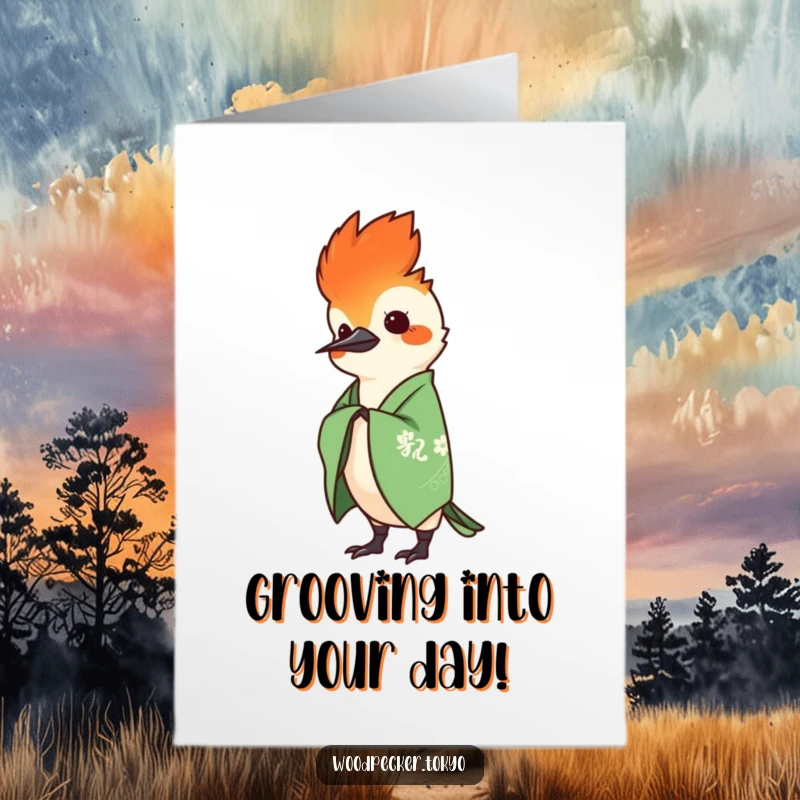 Funny Free Printable Birthday Card: A woodpecker in a green kimono performing a stylish head bob.