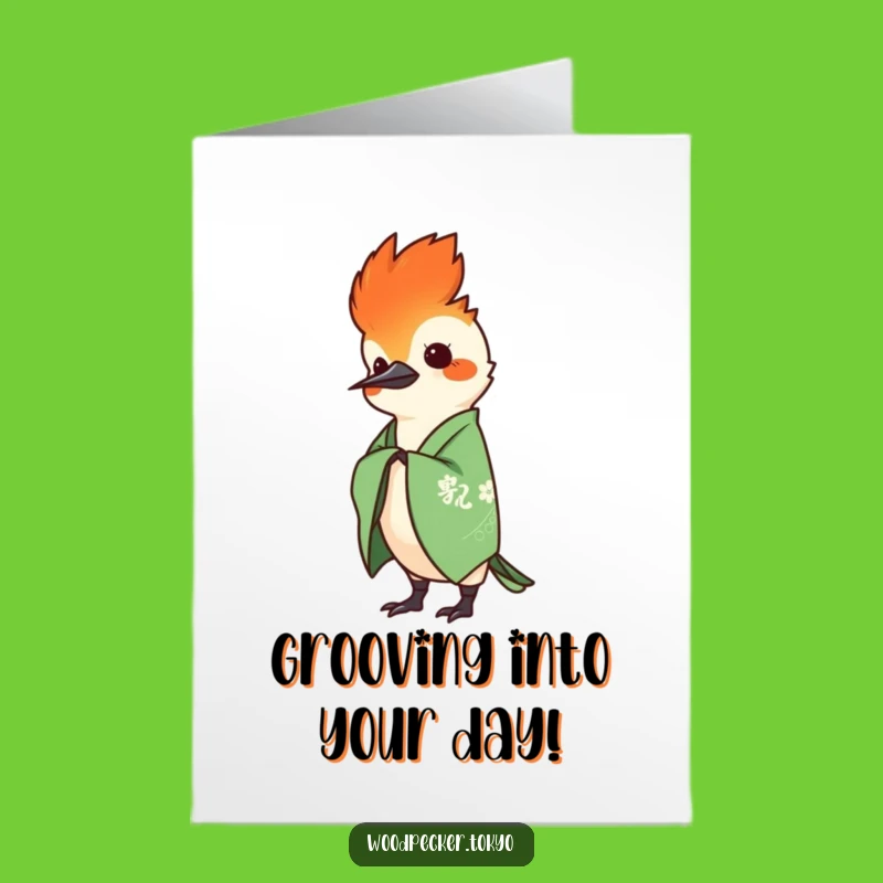 Free Printable Funny Woodpecker Birthday Card: Green Kimono Head Bob Joyful Downloadable