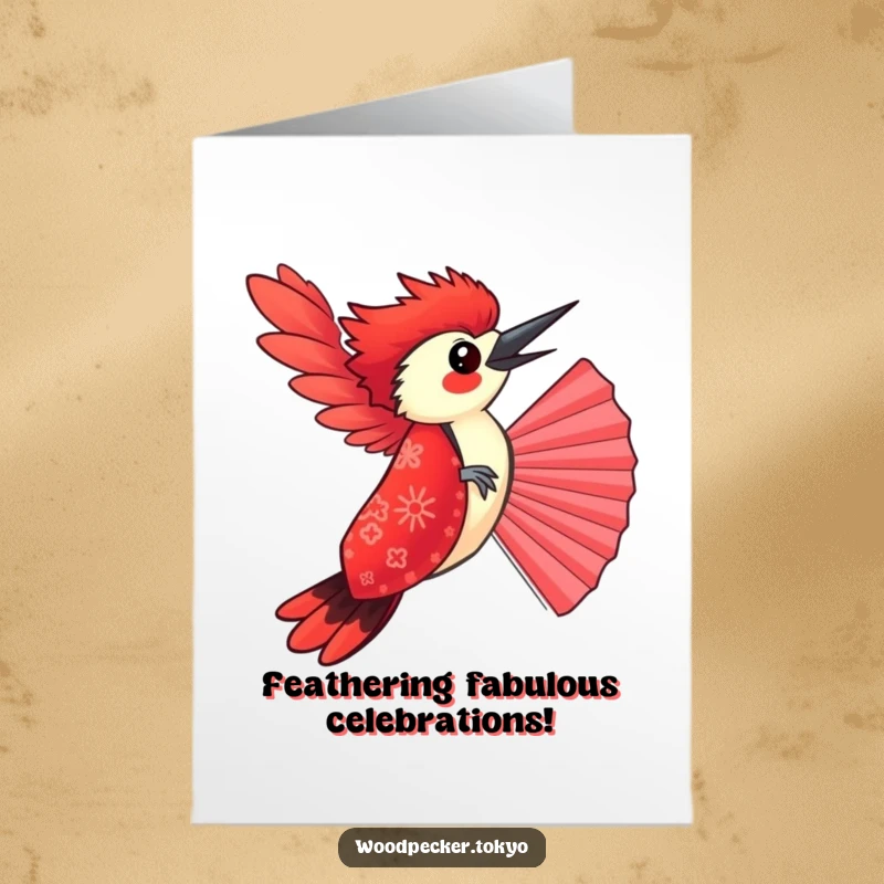 Funny Free Printable Birthday Card featuring a woodpecker in a red kimono balancing on a fan, looking surprised.