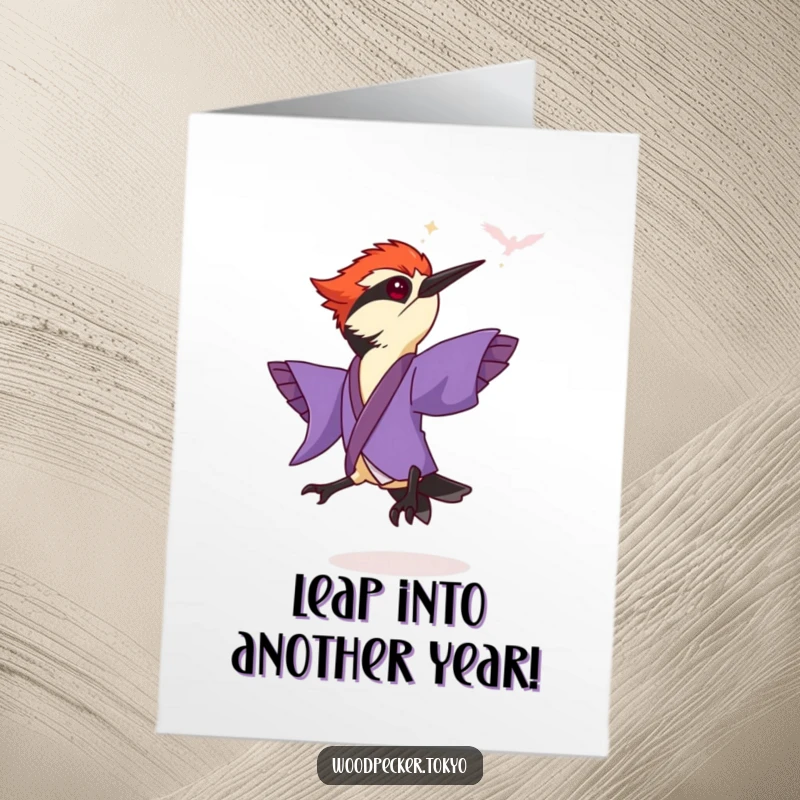 Funny Free Printable Birthday Card: A woodpecker in a purple kimono flapping its sleeves mid-leap.