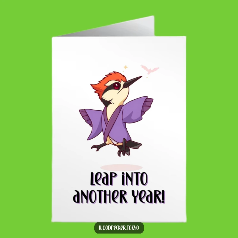 Free Printable Funny Woodpecker Birthday Card: Purple Kimono Leap Joyful Downloadable Gift