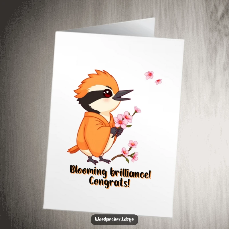 Funny Free Printable Congratulations Card: Woodpecker in orange kimono holding a delicate cherry blossom.